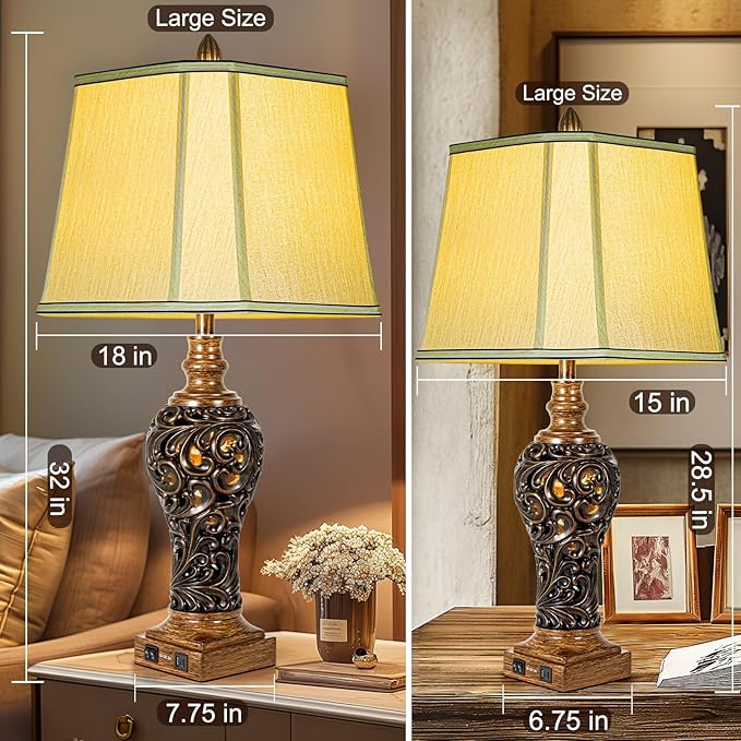 32'' Tall Rustic Vintage Table Lamps Set of 2 with Night Lights - Bedside Lamp with Faux Silk Shades for Bedroom and Living Room with 2 USB Charging Ports,Rustic Lamps for Living Room(Bulb Included)