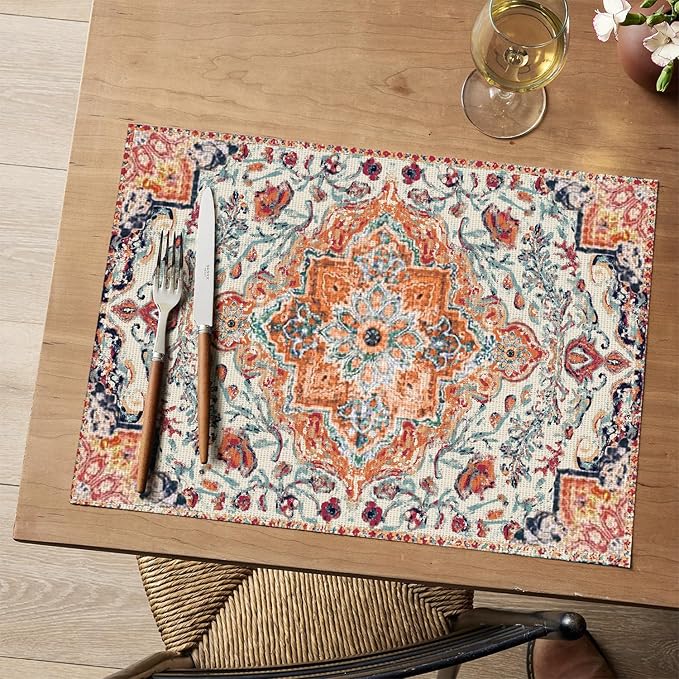 Artoid Mode Boho Vinyl Placemats Set of 4, Washable Non-Slip Woven Plastic PVC Table Mats for Party Kitchen Dining Decor, 12x18 Inch