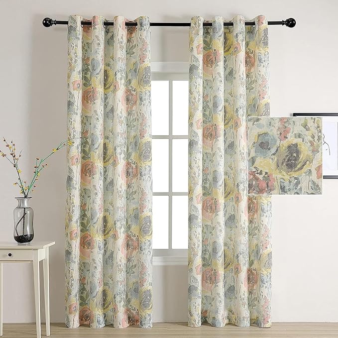 Cotton Curtains 95 Inch for Bedroom Burlap Effect Linen Curtain Draperies for Living Room Vintage Printed Pattern Drapes with Grommet Top Window Drapes,2 Panel, 52 x 95 Inch, Yellow and Natural