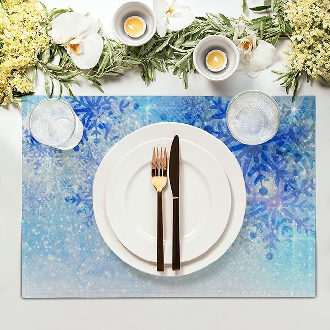 Giwawa Christmas Snowflake Placemats, White Blue Falling Crystal Nature Ice Table Mat, Winter Snow Place Mats Set of 4 for Kitchen Dining Decor, 12"x18", Heat Resistant Non-Slip