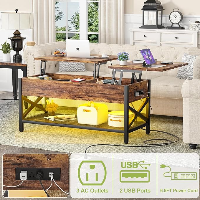 Aheaplus Coffee Table with LED Light and Power Outlet, Modern Lift-Top Center Table with Storage Shelf, for Living Room with Lift Tabletop, X Support Metal Frame, Rustic Brown