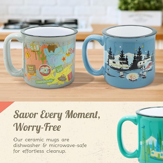 Ceramic Coffee Mug - 15 oz Retro Inspired Camping Mug - for Hot & Cold Drinks - Works as a Tea, Soup, & Coffee Mug - Stylish, Versatile, & Microwaveable Camping Coffee Mugs by Camp Casual