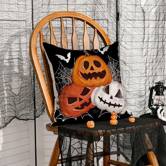 AVOIN colorlife Halloween Pumpkin Jack-O'-Lanterns Bat Throw Pillow Cover, 18 x 18 Inch Holiday Farmhouse Black Cushion Case Decoration for Sofa Couch
