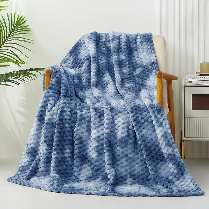 Exclusivo Mezcla Extra Large Soft Fleece Throw Blanket, 50x70 Inches Stylish Jacquard Throw Blanket for Couch, Fuzzy Cozy Lightweight for All Season, Tie-dye Stone Blue