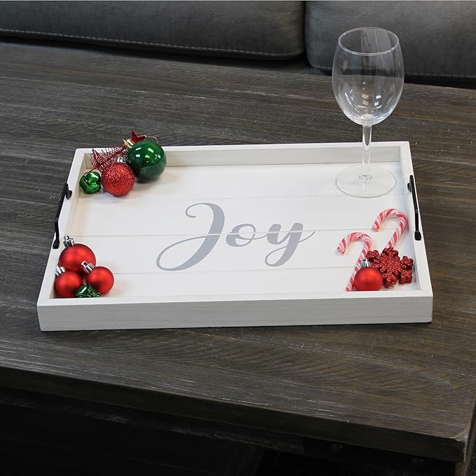 Elegant Designs, 15.50" x 12", Decorative Wood Serving Tray w/Handles, White Wash Joy (HG2000-WJY)