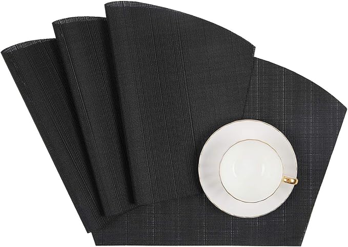 SHACOS Wedge Placemats Set of 8 Woven Vinyl Placemats for Small Round Table Place Mats Wipe Clean Non Slip Table Mats, Black