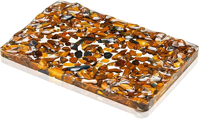Handmade Tiger Eye Stone Rectangle Bar Soap Holder with Drainage Function, Crystal Dish for Shower and Bathroom Decor, Natural Soap Tray to Keep The Soap Dry Resin Kitchen Decoration(Tiger Eye Stone)