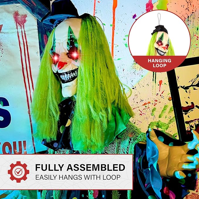 Haunted Hill Farm Lifesize Animatronic Scary Talking Clown with Touch Activated Lights and Sound, Battery-Operated Indoor or Covered Outdoor Halloween Decoration
