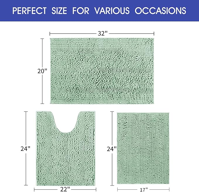 ACCUMTEK Striped Sage Green Bathroom Rug Set 3 Pieces Ultra Soft, Non Slip Chenille Toilet Mat, Absorbent Plush Shaggy Bath Mats for Bathroom, Bedroom, Kitchen