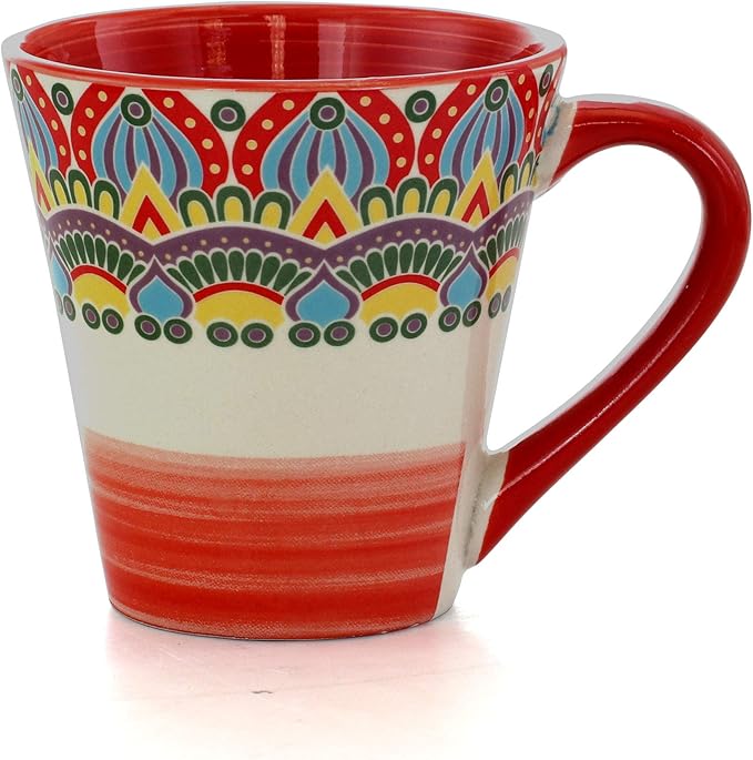 Elama Mandala Round Stoneware Multicolor Dinnerware Set, 16 Piece, Red