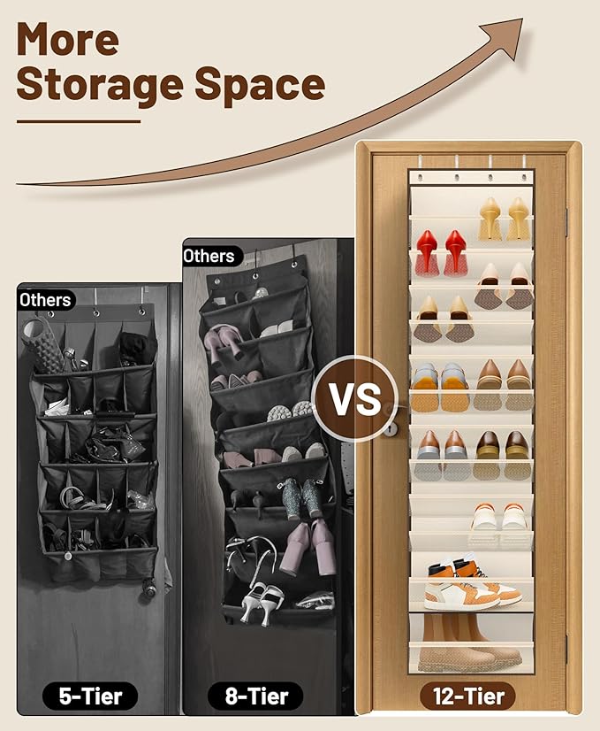 MISSLO 12 Tier Over the Door Shoe Organizer Breathable Mesh Hanging Shoe Rack for Closet Storage Shoe Holder for Door Fit 24 Pairs Sandals, Heels, Boots (Beige)