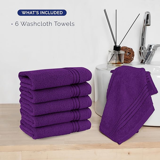 Elegant Comfort Premium Turkish Cotton 6 Pack Washcloths Set - 13 x 13 inch, Luxurious Hotel Spa Quality 100% Turkish Cotton 6PC Washcloth Set - Highly Absorbent - Soft Bathroom Towels, Purple