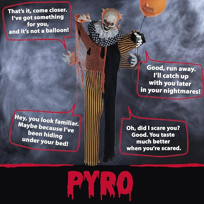 Haunted Hill Farm Life-Size Scary Talking Clown, Halloween Animatronic with Motion and Touch Activated Lights and Sounds, Battery Operated Indoor or Covered Outdoor Halloween Decorations
