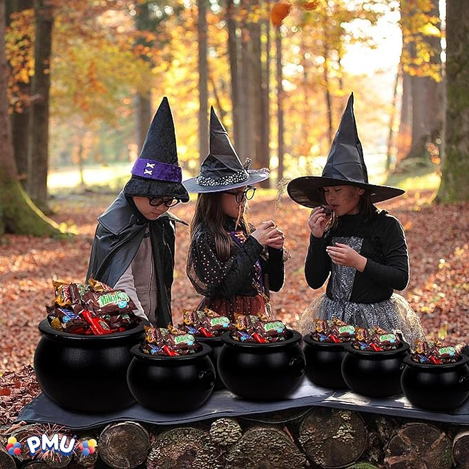 PMU 7pc Halloween Cauldron - Multi-Pack Assortment Plastic Candy Holder for Kids - Halloween Party Favors & Supplies - Black - (1) 16", (3) 8", (3) 6"