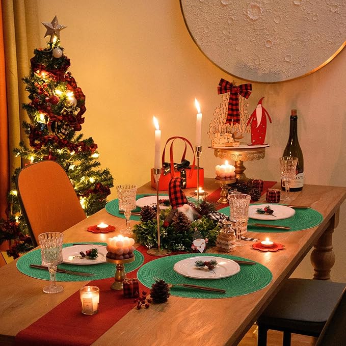 FunWheat Round Placemats Set of 6 Table Mats for Dining Tables Washable Non-Slip Place mats 15 Inch (Green Shine)