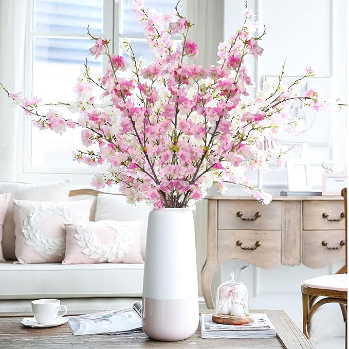 CISDUEO 3 Pcs Artificial Cherry Blossom Flower Silk Peach Flowers Bulk Plum Blossom Flowers with Leaves Cherry Blossom Branches Vase Arrangements for Spring Wedding Indoor Outdoor DIY Party Decor Pink