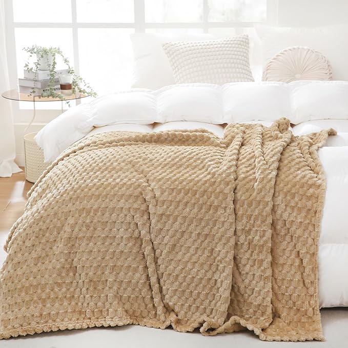 Puncuntex Beige Throw Blanket 60"×80" inches Fuzzy 3D Jacquard Decorative Flannel Fleece Super Soft Plush Cozy Blanket for Couch Sofa Chair Lightweight