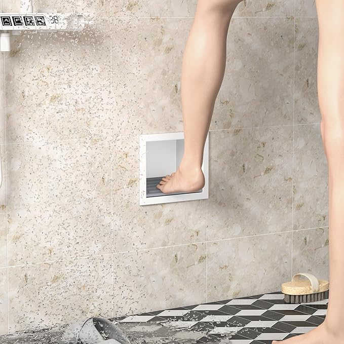 Shower Niche, 304 Stainless Steel Shower Stool for Bathroom, Recessed Shower Footrest w/Over Mount Installation, No Tile Needed (Matte White, 4.8''x6'')
