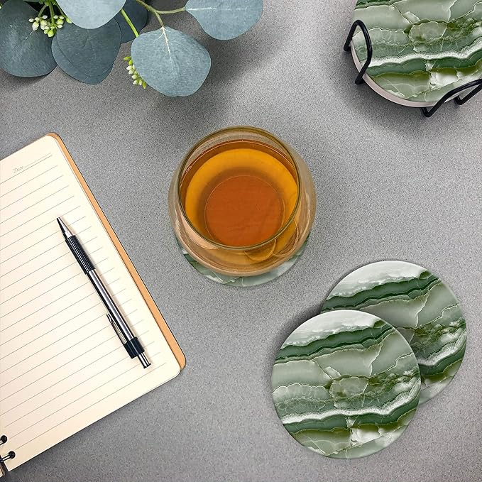 Emerson Coasters for Drinks Absorbent – Natural Stone Drink Coasters Set with Holder, Coasters for Coffee Table, Wooden Tabletop Protection Marble Style – 100% Heavy Duty Set of 6 (Green Onyx)