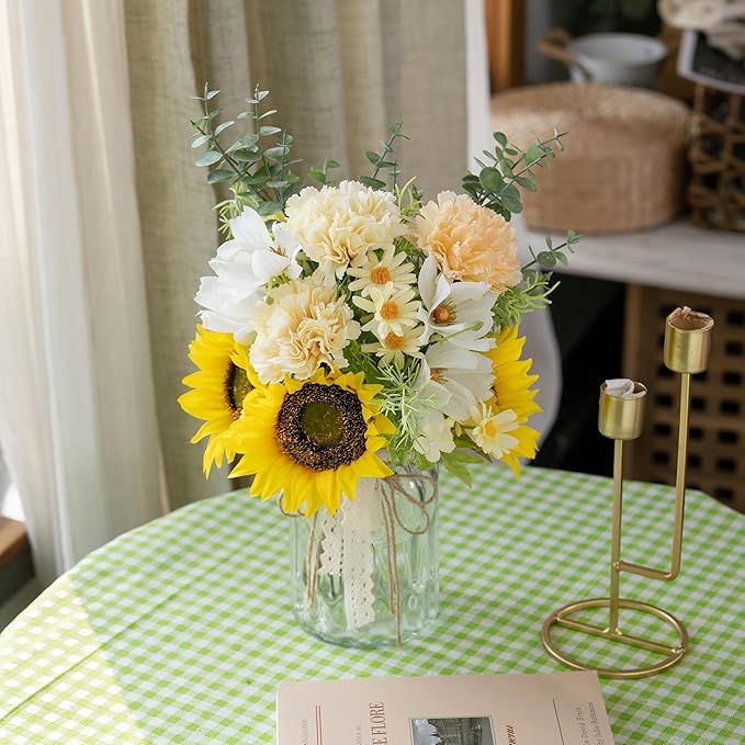 LUEUR Fake Flowers Artificial Sunflowers with Vase, Faux Silk Carnation,Daisy Flowers for Home Office Decorations, Kitchen Dining Table Decor, Farmhouse Centerpiece Table Decoration