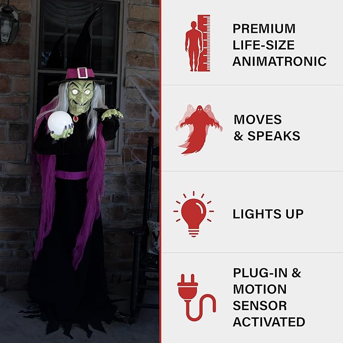 Haunted Hill Farm 6-Ft. Tall Fortune Teller Witch, Plug-in Motion-Activated Talking Scare Prop Halloween Animatronic for Indoor or Covered Outdoor Creepy Decorations
