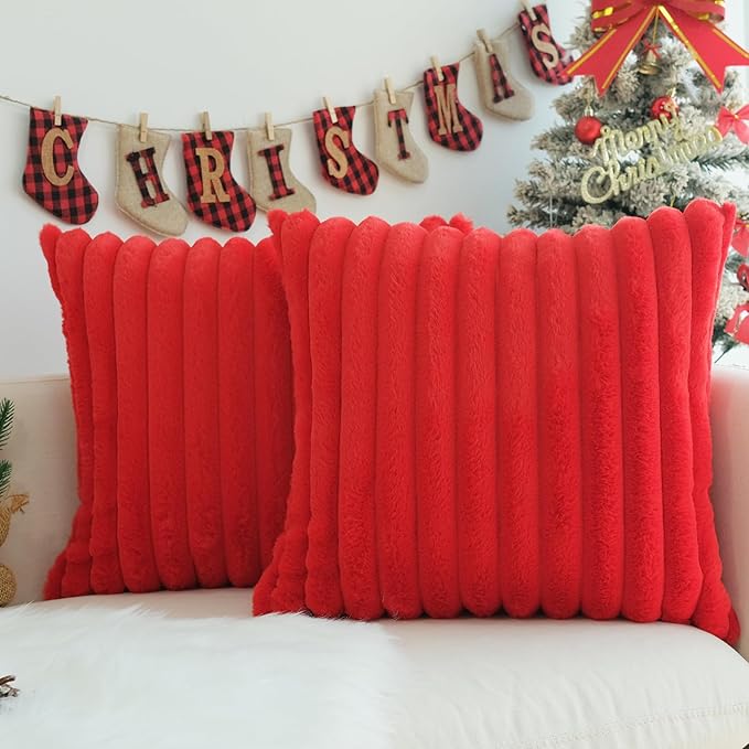 JOJUSIS Pack of 2 Faux Fur Plush Decorative Christmas Red Throw Pillow Covers Couch Cushion Case Soft Pillowcases (Red, 22 x 22-Inch)