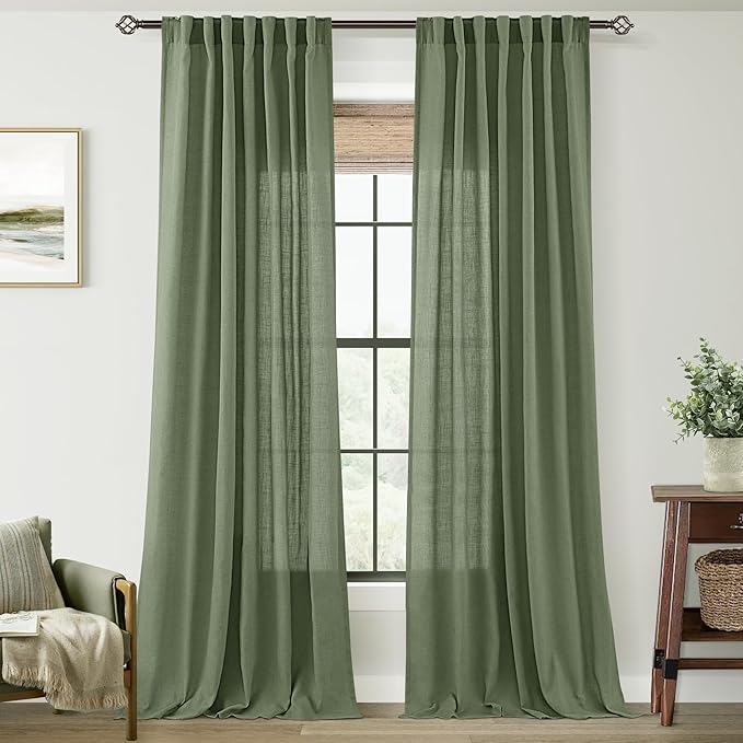 Olive Green Curtains 84 inch Length 2 Panels for Bedroom Back Tab Light Filtering Semi Sheer Drapes Linen Cotton Textured Airy Modern Farmhouse Living Room Sage Aesthetic Decor 52x84