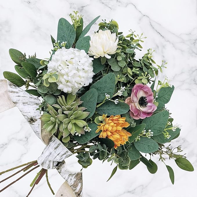 Winlyn 20 Pcs Mixed Artificial Oval Eucalyptus Leaves Bulk with White Seeds Stems and Spray for Vase Floral Wreath Bouquets Wedding Greenery Decoration