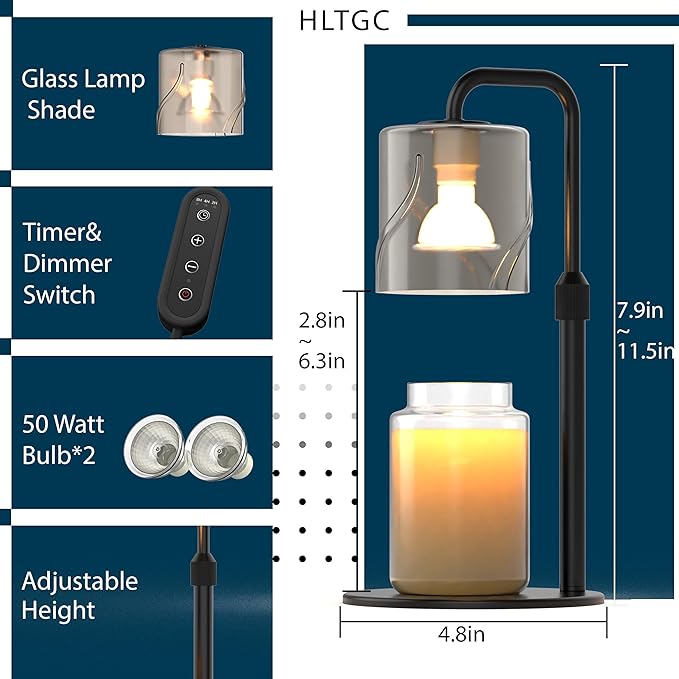 Candle Warmer Lamp with Timer Dimmer, with 2 Bulbs,Adjustable Height,Mothers Day Gifts for Mom,Birthday Gifts for Women,for Yankee Jars,for Room Home Decor (Black)