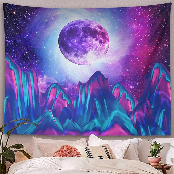 Trippy Psychedelic Tapestry Mountain Moon Galaxy Star Night Sky Universe Space Blue Starry Sky Wall Hanging Clouds Tree Aesthetic Wall Art for Bedroom Teen Girl Living Room 60x80