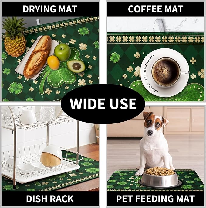 St Patricks Day Drying Mat for Kitchen Counter Shamrock Dish Drying Mats Lucky Clovers Green Plaid Dish Dryer Pad Absorbent Reversible Dish Drainer Rack Mat Kitchen Accessories 16x18 Inch