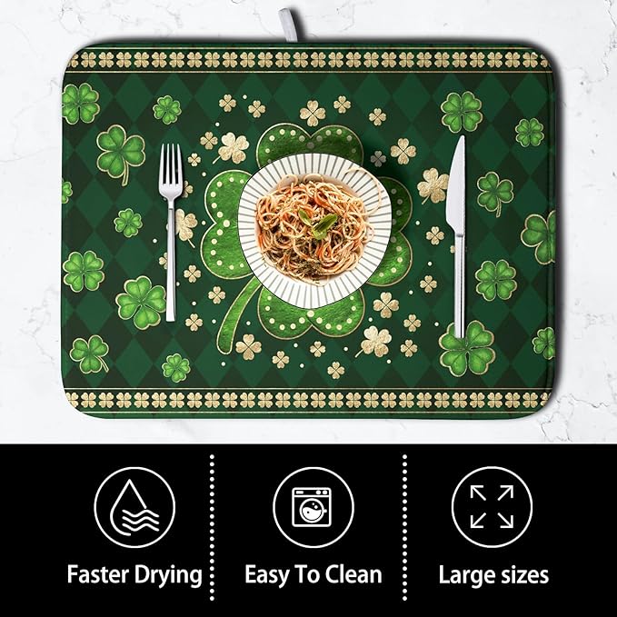St Patrick's Day Green Shamrock Dish Drying Mat for Kitchen Counter 18x24 Inch Lucky Clover Check Plaid Drying Mat Spring Microfiber Dish Drainer Mat Super Absorbent Dish Rack Pad for Coffee Bar Sink