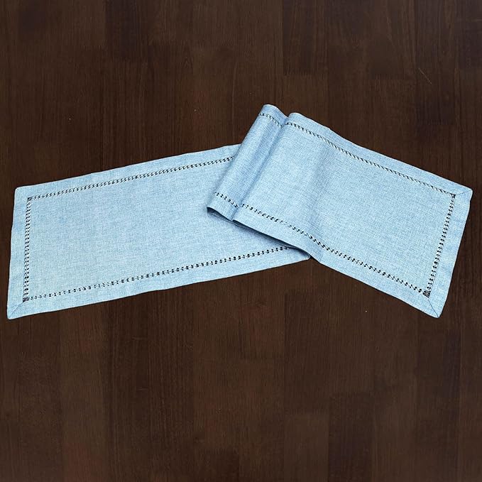 Grelucgo Handcrafted Solid Color Dining Table Runner, Dresser Scarf, Double-Hemstitched (Light Blue, 14 x 54)