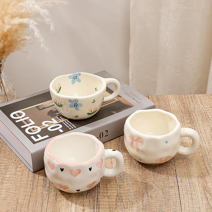 Koythin Ceramic Coffee Mug, Handmade Hot Chocolate Mugs, Cute Cup for Girl Women, Aesthetic Tea Milk Cup with Handle, 8.5 oz/250 ml for Latte, Cocoa, Office, Home (Blue Tulip Flowers)