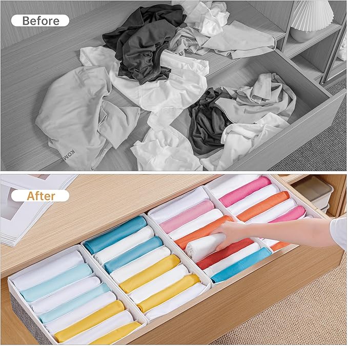 4 Packs T-shirt Drawer Organizers for Clothing,8 Grids Compartment Wardrobe Storage Box, Washable Clothes Organizer for Legging,Silk Scarve-12.59''x9.05''x5.9-GreyWhite