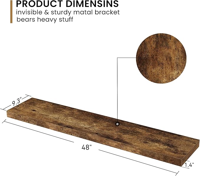 Fun Memories Floating Shelves - 9 Inch Deep Wall Shelf for Decor & Storage - Wall Mounted Display Shelving with Invisible Heavy-Duty Metal Bracket - 48" W x 9" D x 1.6" H - Set of 1 - Rustic Brown