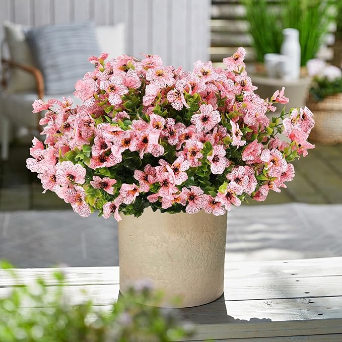 Artificial Flowers for Outdoors, 12 Bundles Artificial Plants & Flowers Outdoor, UV Resistant Faux Flowers Silk Fake Flower for Outside Porch Pot Window Garden Planter Decoration (Pink)