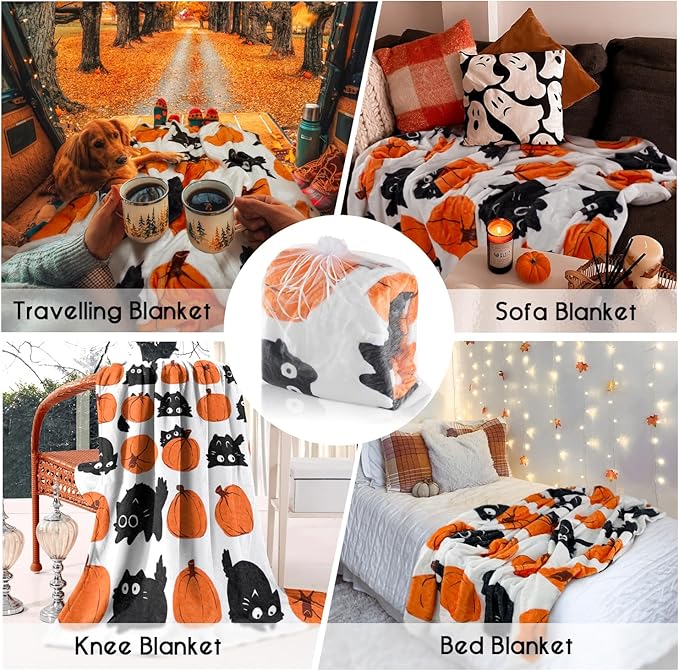 Halloween Blanket,Fall Halloween Black Cats Pumpkins Fleece Blankets, for Women Flannel Throw Blanket for Home Living Room Couch Bed Chair or Dorm Decor 60"x50"