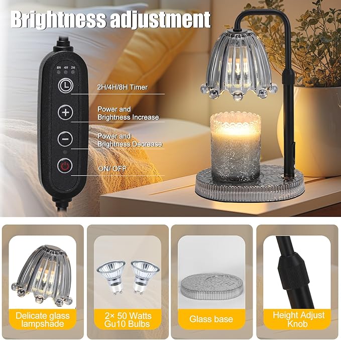 Candle Warmer Lamp with Timer - Electric Candle Wax Melt Warmer with Adjustable Height and Dimmer for Scented Candle Wax, Home Fragrance Décor and House Warming Birthday Gifts for Women Mom