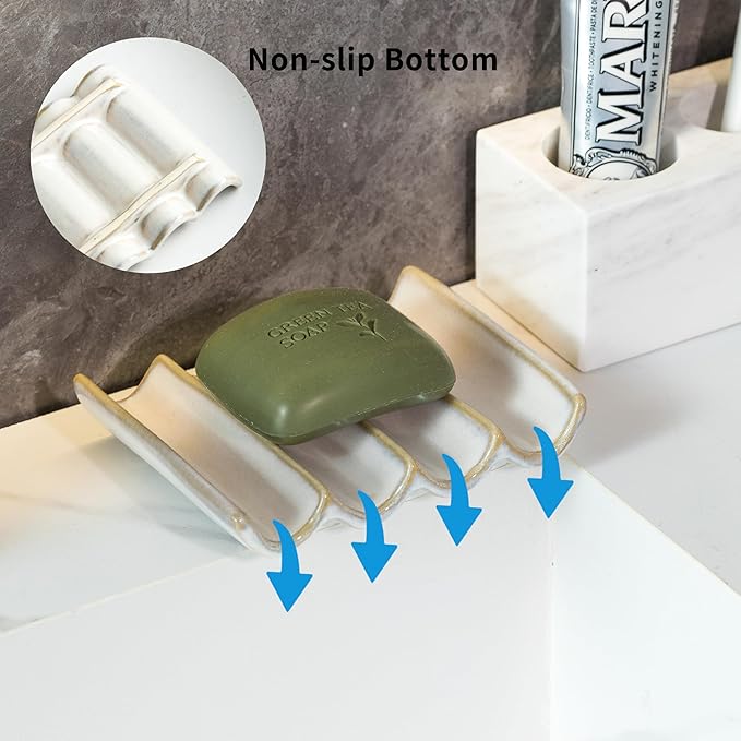 Soap Dish with Self Drain Fluted Design, Bar Soap Holder for Bathroom, Japanese Soap Tray for Shower, Bathroom and Kitchen Sink Organizer, Ceramic Soap Saver, White