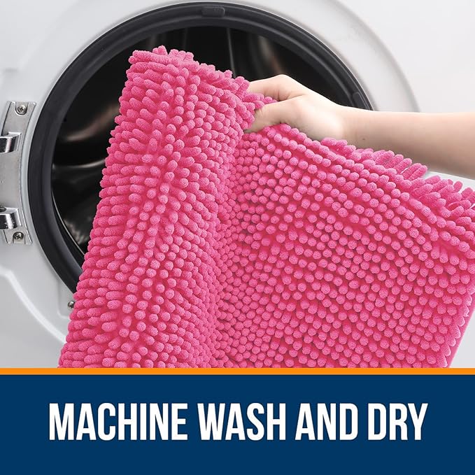 OLANLY Bathroom Rugs 24x16, Extra Soft Absorbent Chenille Bath Rugs, Rubber Backing Quick Dry, Machine Washable Bath Mats for Bathroom Floor, Tub and Shower, Home Decor Accessories, Hot Pink