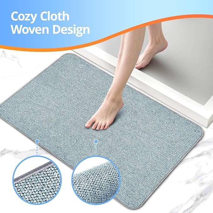 Upgraded Thin Bathroom Rugs, Bath Mat Super Absorbent, Bath Rugs Rubber Backing Non-Slip, Quick Dry Machine Washable, Cozy Cloth Bathroom Mat fit Under Door/Sink/ Bathtub/Shower/Kids 17''x27''-Blue