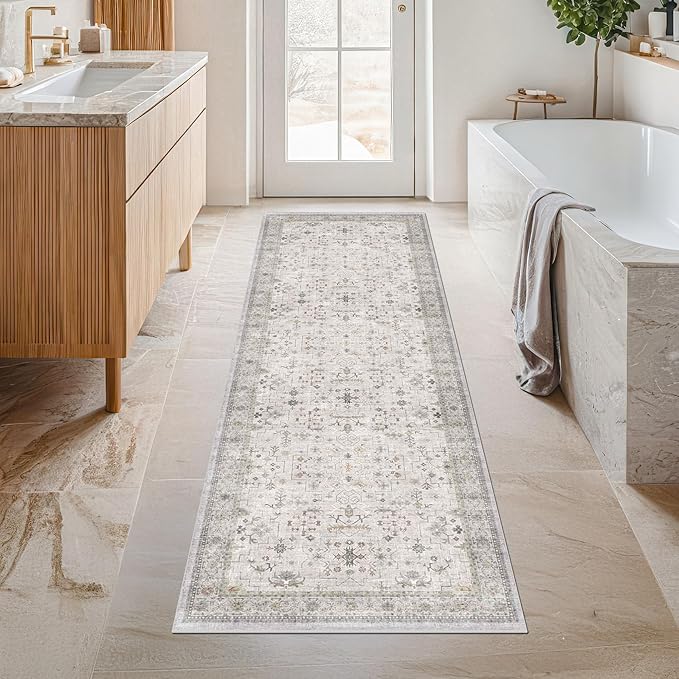 Light Gray Washable 2'6"x8' Wide Hallway Runners, Kitchen Runner Rug, Non-Slip & Stain Resistant Long Floor Rug, Neutral Boho Floral Décor