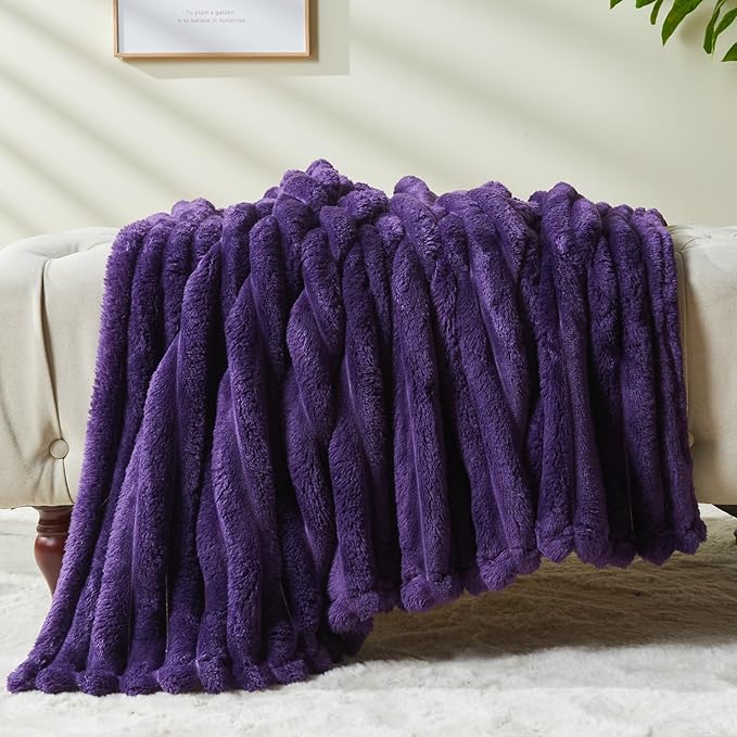 NEWCOSPLAY Super Soft Twin Blanket Purple Premium Silky Flannel Fleece 3D Ribbed Jacquard Lightweight Bed Blanket All Season Use (Purple Ribbed, Twin(60"x80"))