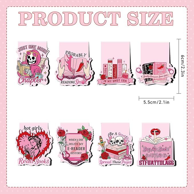 Funny Spicy Magnetic Bookmarks: 8 Pcs Smutty Romance Book Mark for Reading Women, Pink Unique Magnet Page Markers Clips, Bookish Gifts for Women Adults Book Lovers