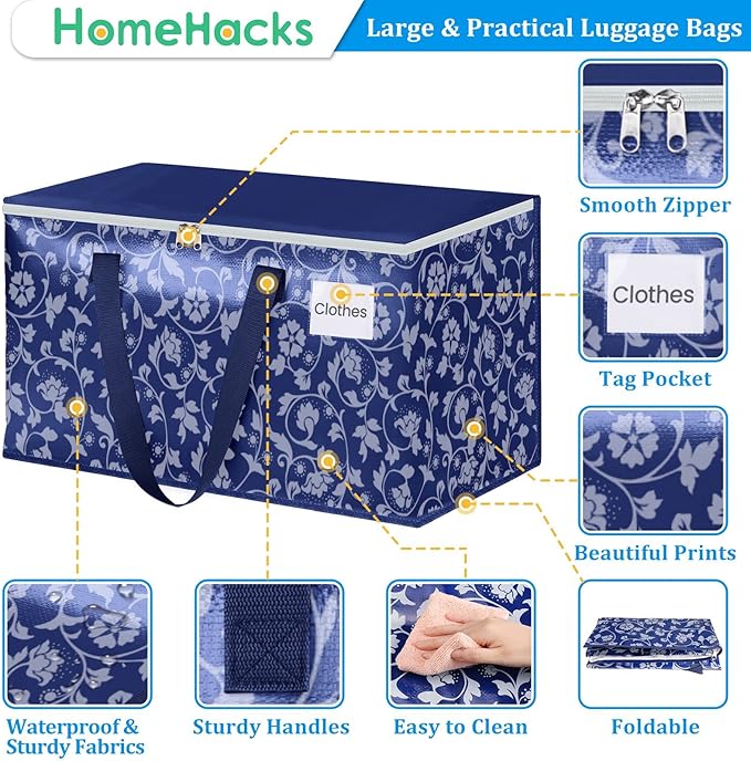 HomeHacks Moving Bags, Extra Large Size Moving Boxes, Heavy Duty Luggage Bags with Smooth Zipper and Sturdy Handles, Large Capacity & Easy Loading Storage Totes for Space Saver 100L, 4-Pack, Blue