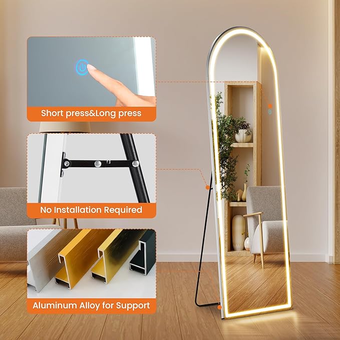 Sweetcrispy Full Length Mirror with LED Lights, 60"x16" Lighted Floor Mirror with Dimming & 3 Color Lighting, Stand for Bedroom, Dressing Room, Arched