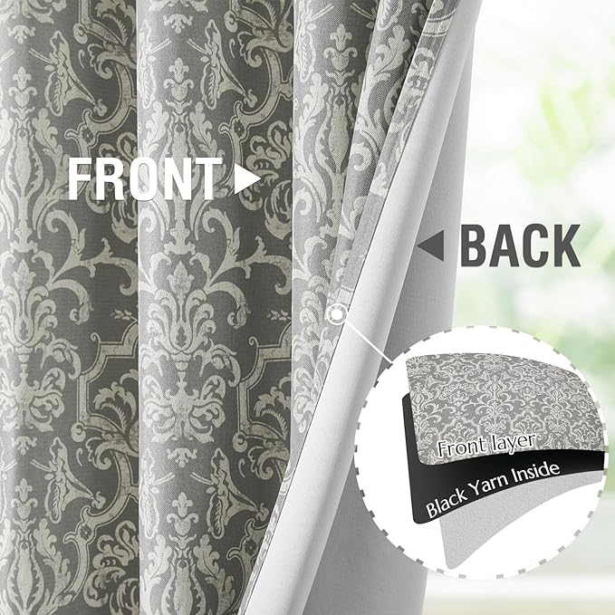 jinchan Room Darkening Curtains for Bedroom Grey Damask Patterned Curtains 96 Inch Length for Living Room Linen Textured Vintage 8FT Long Drapes Medallion Window Treatments Grommet Top 2 Panels Set