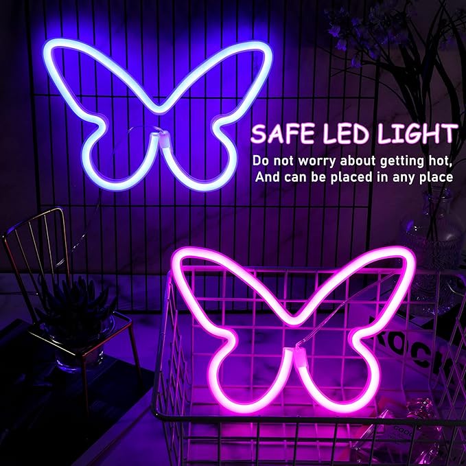 Riakrum 2 Pcs Butterfly Neon Signs LED Light 3AA Battery Powered USB Operated Wall Neon Light Decor Butterfly Wall Art for Christmas Home Bedroom Birthday Party Decor(Pink, Blue)