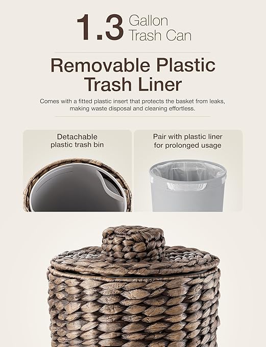 1.3 Gallons Wicker Waste Basket - Water Hyacinth Bathroom Trash Can - Garbage Can with Lid Boho Style - Wicker Trash Can with Lid for Bedroom, Kitchen - Removable Liner, Handwoven (Black color)